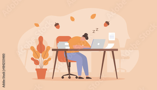Exhausted person asleep at office desk Depicts burnout autumn fatigue overwork seasonal change or procrastination