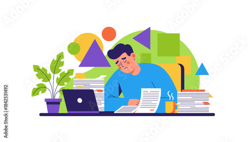 Stressed office worker buried in paperwork and deadlines Exhausted professional burnout concept