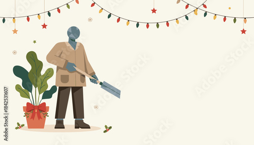 Winter holiday scene with geometric figure holding a shovel under string lights