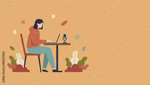 Remote worker creating digital content using a laptop and microphone Cozy autumnal atmosphere for distance learning