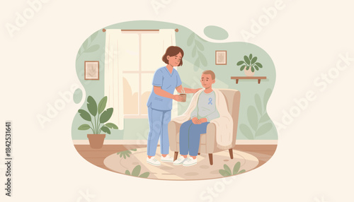 Caregiver helps young cancer patient at home Compassion recovery and medical support illustration