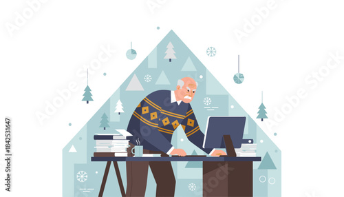 Frustrated senior working on a PC facing stress and deadlines during the busy winter holiday season