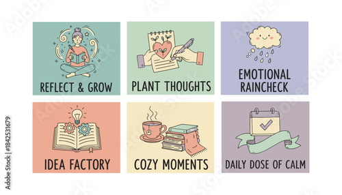 Colorful illustrated set of selfcare and mental health concepts mindfulness relaxation personal growth and reflection