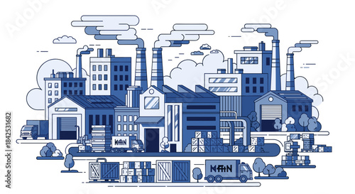 Urban industrial landscape illustration Factories warehouses trucks and production logistics concept