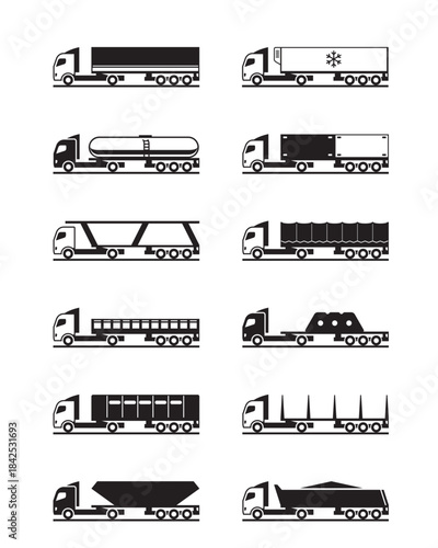 Trucks with trailers for different goods – vector illustration
