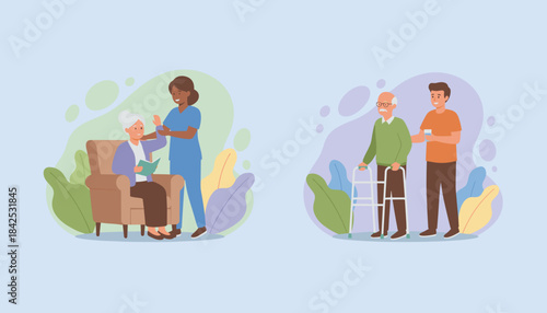 Professional caregivers support elderly people with reading and walking assistance Senior home care service illustration