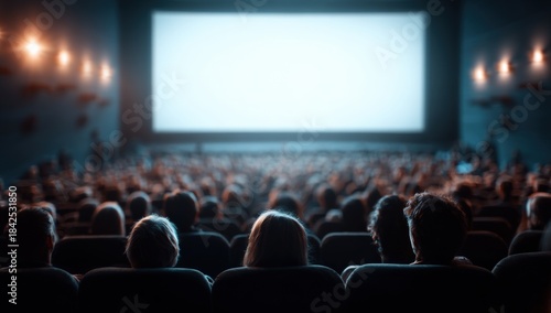 Crowded movie theater showing a blank screen