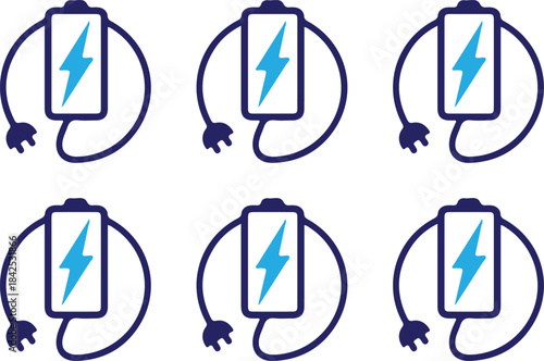 six electronic charging bule icons set battery plug energy vector illustration 