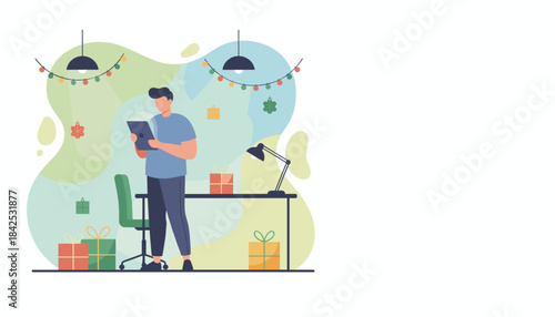 Man using a tablet for holiday shopping or work in a decorated home office Christmas flat illustration