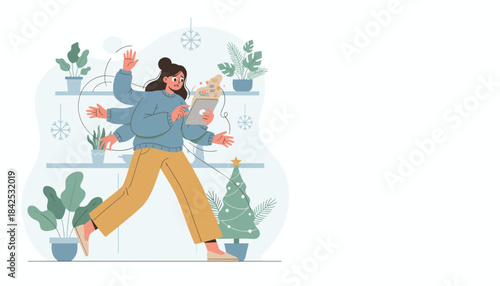 Stressed woman with multiple arms running juggling tasks and holiday pressures illustrating burnout and workload