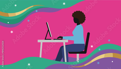 Vibrant illustration of a woman working at a computer desk Business technology and remote freelance work