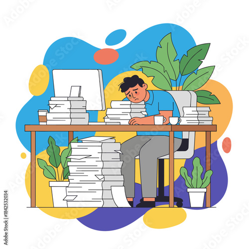 Overworked employee overwhelmed by paperwork mountains Burnout heavy workload office stress concept illustration