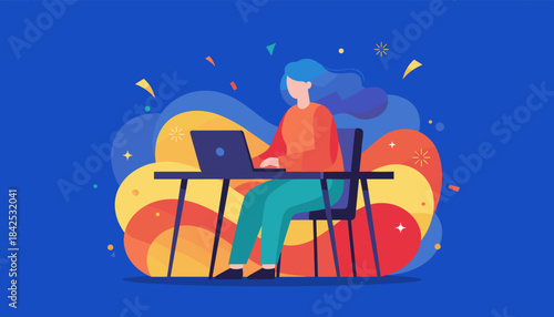 Successful woman working on laptop Digital business remote job or freelance productivity concept