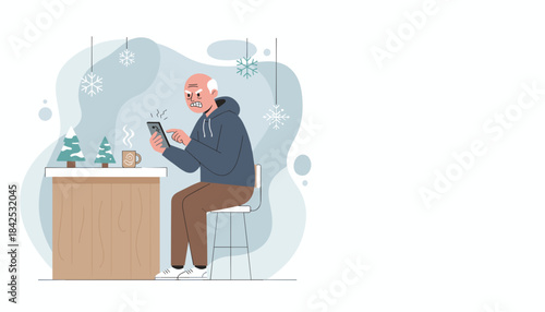 Angry senior man struggles with poor signal on his smartphone during a cold winter day