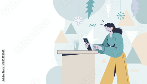 Frustrated woman using smartphone experiencing work stress or digital burnout during winter