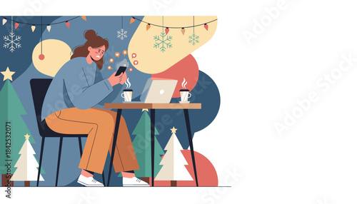 Stressed woman checks social media notifications on phone during winter holidays ignoring her laptop