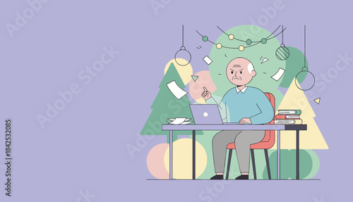 Frustrated senior man working on laptop with flying papers during chaotic holiday deadlines