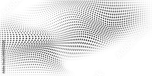 Abstract wavy black dots on white background. Distorted halftone dotted.