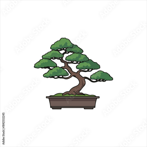 A cartoon drawing of a short, thick-trunked bonsai tree with a broad, flat green canopy in a brown container