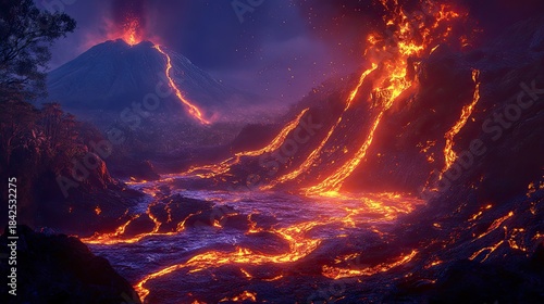 Molten lava flows across black volcanic rock as a volcano erupts under a stormy sky, with glowing streams lighting the night. Generative AI