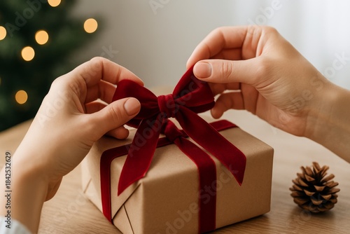 Close-up of a woman's hands tying a red velvet bow on a beautifully wrapped gift, surrounded by a festive atmosphere.