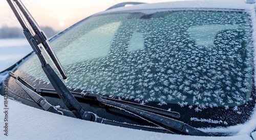 Frost covered car windshield with wipers in winter