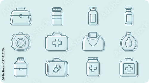 Vector line art collection of medical and first aid icons. Healthcare equipment, medicine bottles, vials, and emergency kits for health services.
