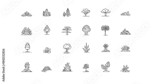 Collection of hand drawn sketch trees, plants, and bushes. Organic line art forest foliage illustrations for nature designs.