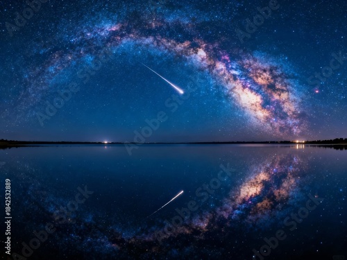 Milky Way galaxy arching over a calm lake with a meteor streaking across the night sky, reflected in the water