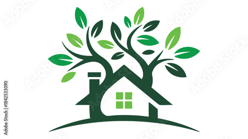 A stylized green house and tree logo symbolizing eco-friendly living and real estate development