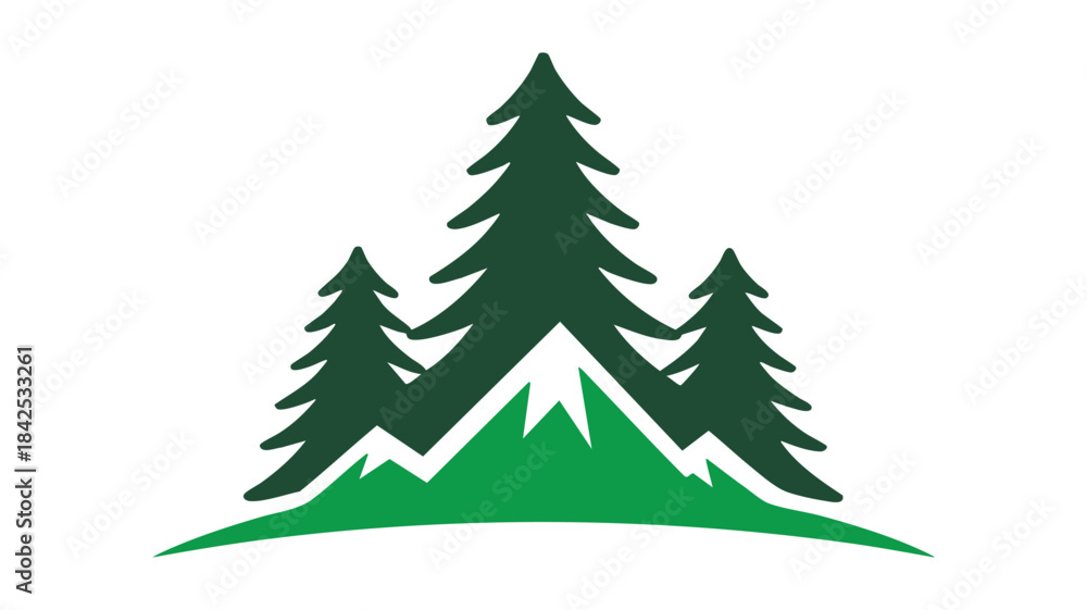 Fototapeta premium A stylized green logo featuring three evergreen trees and a mountain landscape on a white background