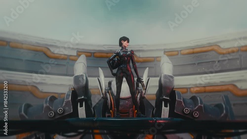 3d animation. Female pilot in black cyber suit on bridge holds pistol and helmet. Behind her a majestic mech rises on a lift in huge sci-fi hangar with sky view. Epic mecha war concept art render.