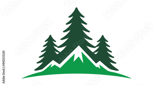 A stylized green logo featuring three evergreen trees and a mountain landscape on a white background