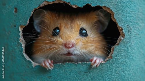 Cute hamster peeking out of a hole. teal background surface wall texture. The most adorable pet ever. Baby pet