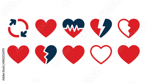 A set of heart icons showing different states like whole, broken, and heartbeat