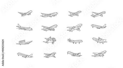 Aircraft and Airplane Line Art Icons Collection. Outline Vector Illustrations for Air Travel, Aviation, and Transportation.