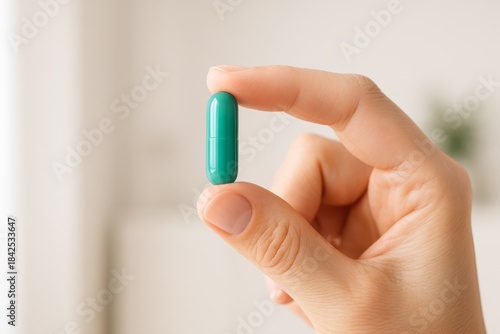 A close-up of a hand holding a green capsule against a soft, bright background, symbolizing health and wellness.