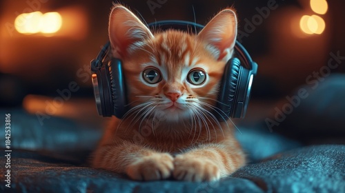 Cute kitten wearing trendy headphones listening to music.