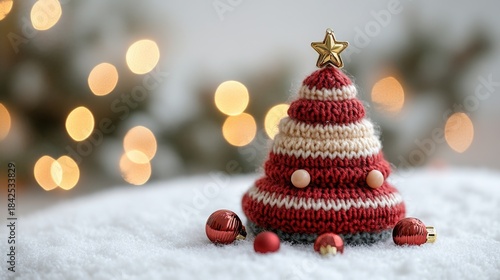 Cute knitted Christmas tree on white background Christmas concept.