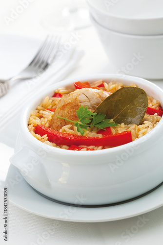 Baked rice with Cabidela chicken and seasonal vegetables.