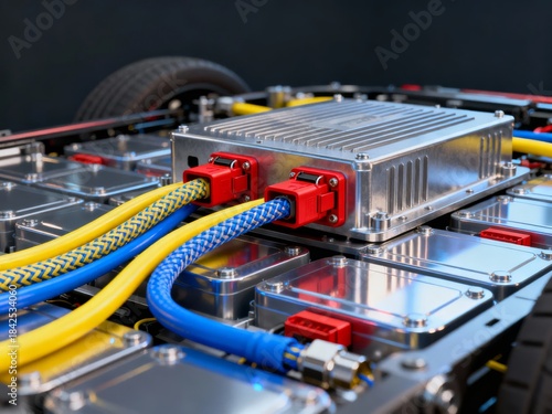 Close-up view of an electric vehicle battery pack with cooling hoses and electrical connectors
