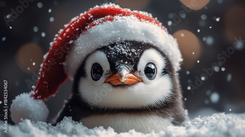 Cute little festive penguin wearing a Father Christmas santa hat