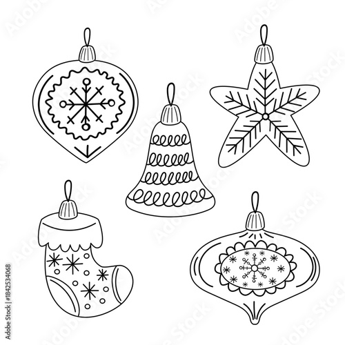 Black Outline Christmas Decorations – Heart, Star, Bell, Bauble and Stocking Clipart