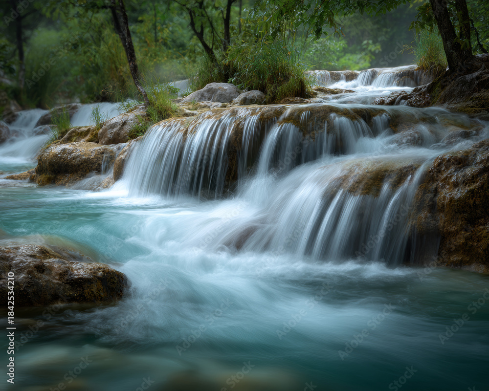 Obraz premium Artistic Long Exposure of Silky Smooth Waterfall Flow in Rainforest, Emphasizing Ethereal Motion Blur