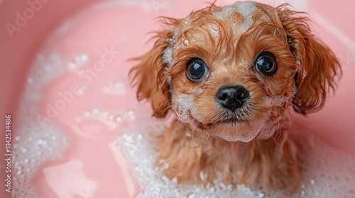 Cute puppy in a small bubble bath, on a pink background.