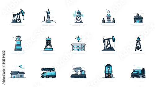 Industrial and Energy Production Icons Set - Collection of factory, oil derrick, power plant, and infrastructure line art vectors