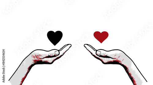 Two hands offering contrasting hearts, one black and one red, symbolizing choice, love, emotion, and connection.