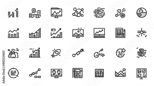 Business and Data Analytics Line Icons Set. Financial Growth, Marketing, Technology, and Statistics Outline Symbols Collection.