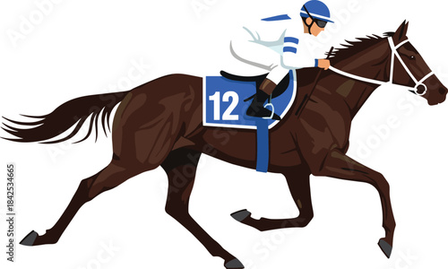 Jockey riding racehorse in motion, competitive equestrian sport vector, horse racing scene, cad drawing flat vector illustration