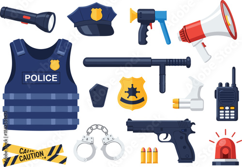 Police equipment and accessories collection, law enforcement gear vector set, security tools illustration, cad drawing flat vector illustration
